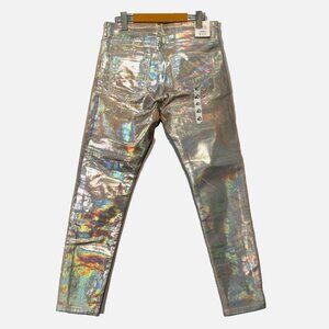 ZARA Metallic Mid-Rise Slim Denim Jean Holographic Iridescent Pink Silver Disco
